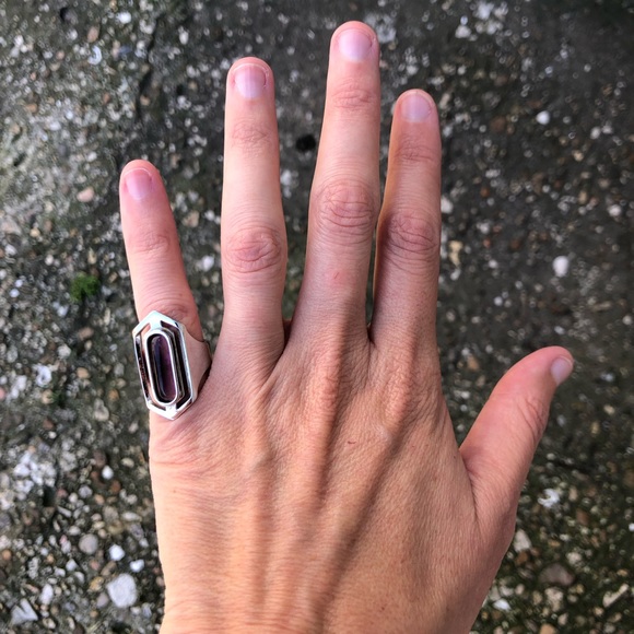 Silver Elongated Hexagon Ring with Peach Stone - Picture 4 of 15